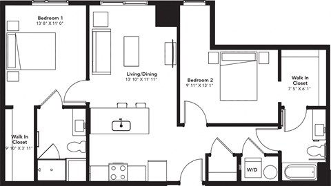 Floor plan for 2 beds, 2 baths, 1012 sqft